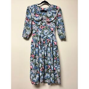 ITEMS 80's Floral Lace Trim Waist Tie Shoulder Pads Dropped Waist Midi Dress, S